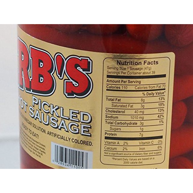 Herbs RED HOT Pickled Sausage (1 Gal. Jar) 39 Count Beef & Chicken No