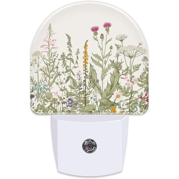 Herbs and Wild Flowers Night Light for Kids,Watercolor Green Botanical Floral Leaves Night Light Plug in with Dusk to Dawn Sensor,0.5w Energy Saving Nightlight for Hallway Stairway Kitchen Bedroom