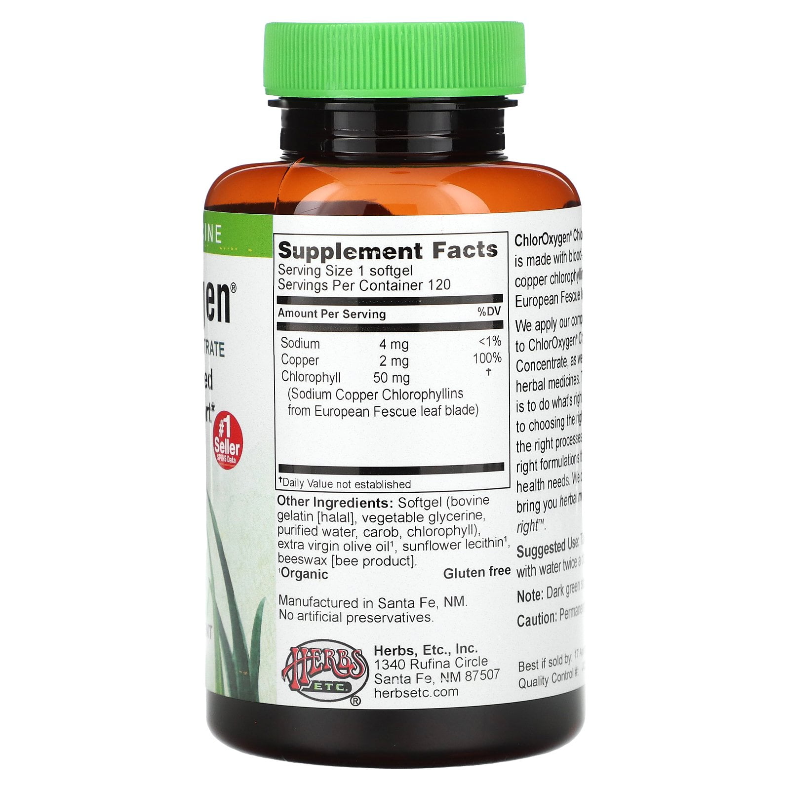 Herbs etc - chloroxygen chlorophyll concentrate professional strength alcohol free - 120 softgels