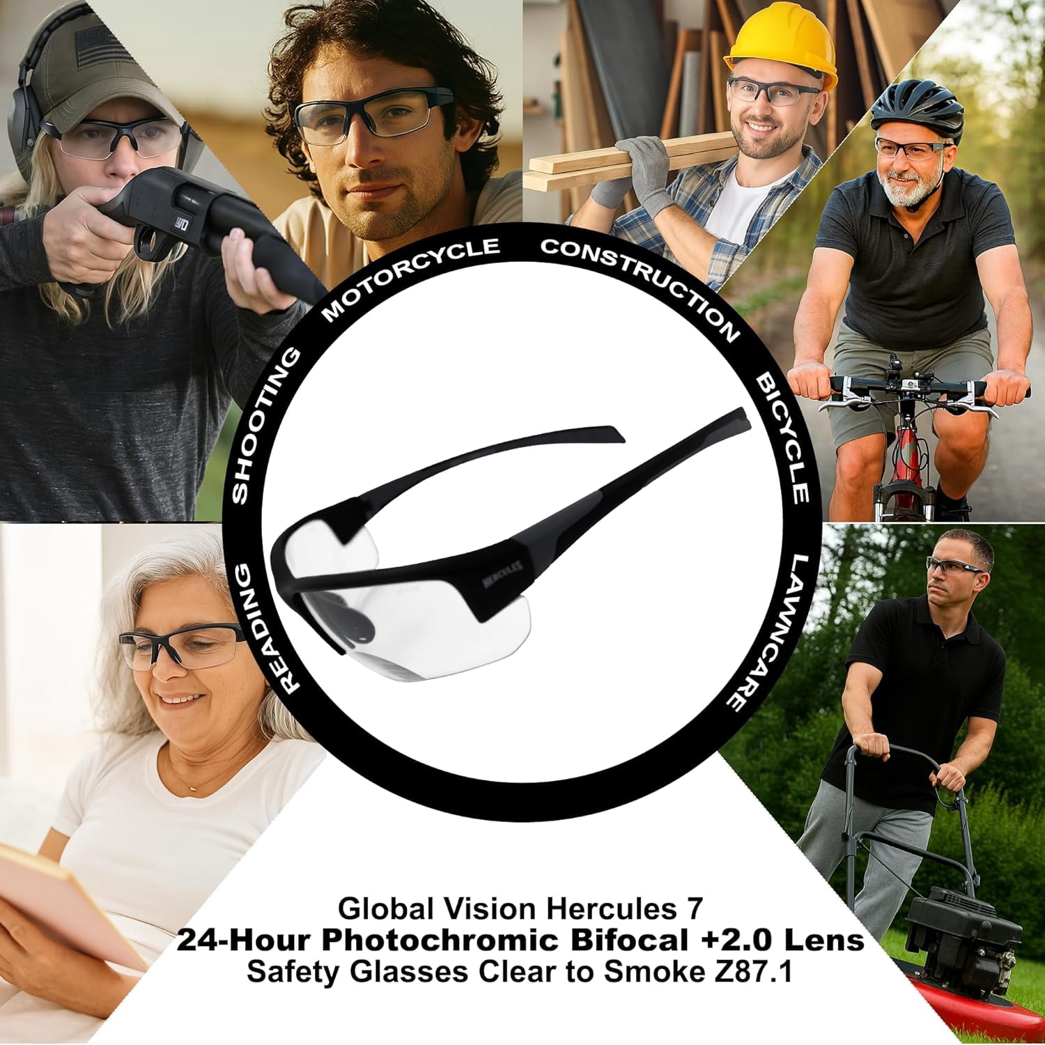 Hercules 7 Auto-Darkening 24-Hour Photochromic +2.0 Bifocal Safety Glasses Clear to Smoke, ANSI Z87.1 Certified