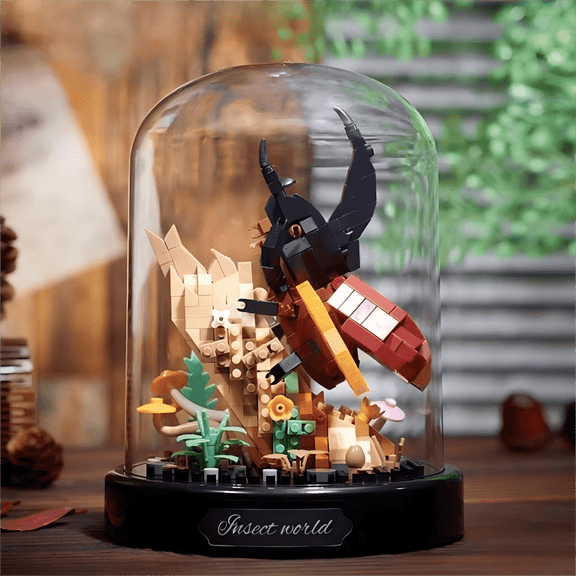 Hercules Beetle Insect World Building Block Set with Clear Dust Cover, Creative Birthday Gift, Home Office Table Centerpiece