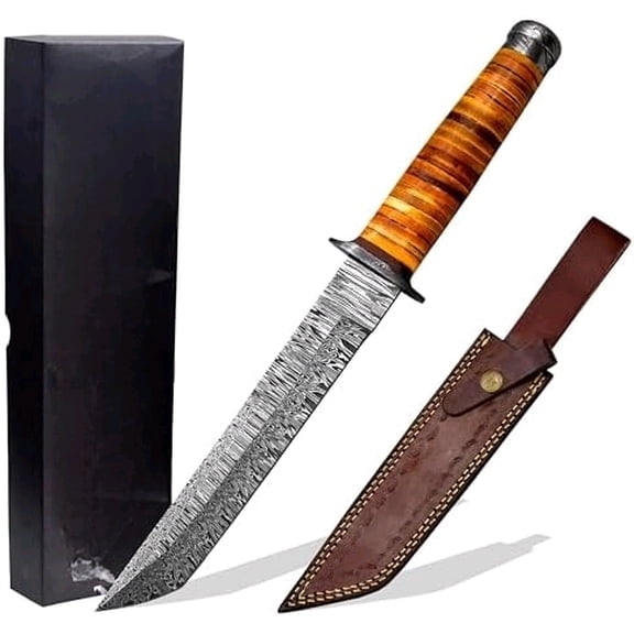 Hercules Custom Hand Forged Damascus Steel Tanto Hunting Knife Gunuine Leather Handle Damascus Bolster Leather Sheath Handmade damascus steel tanto knife 13.0"OAL Size$$Other