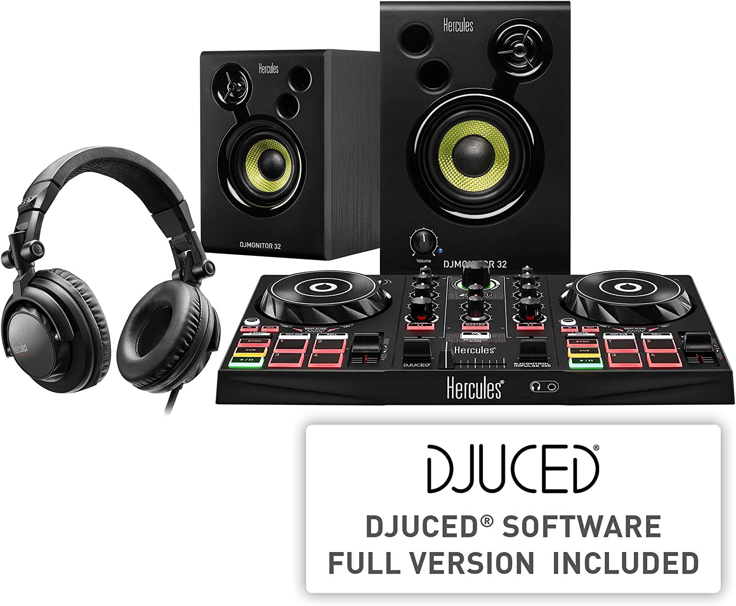Hercules DJ Learning Kit: DJControl InPulse 200 Controller, 15W Monitor Speakers, Sound-Isolating Headphones – Perfect for Aspiring DJs - 2 Decks Included High-quality Components for Great Experience