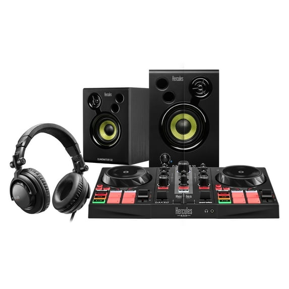 Hercules DJLearning Kit MK II including the DJ Inpulse 200 MK II controller, HD45 headphones and DJ Monitor 32 speakers