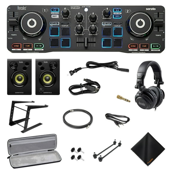 Hercules DJ Starter Kit - Starlight USB DJ Controller with On-Stage Laptop Stand, Waith Hard Carry Travel Case and Waith Cleaning Cloth - Serato DJ Lite Software Include (Bundle Set)