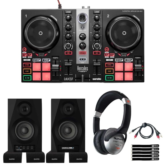 Hercules DJCONTROL INPULSE 200 MK2 2-Channel DJ Controller with Numark N-Wave 360 Powered Desktop DJ Monitors Starter Package