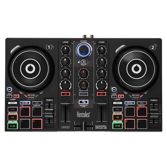 Hercules DJControl Inpulse 200 DJ controller with USB, ideal for beginners learning to mix - 2 tracks with 8 pads and sound card - Software and tutorials included