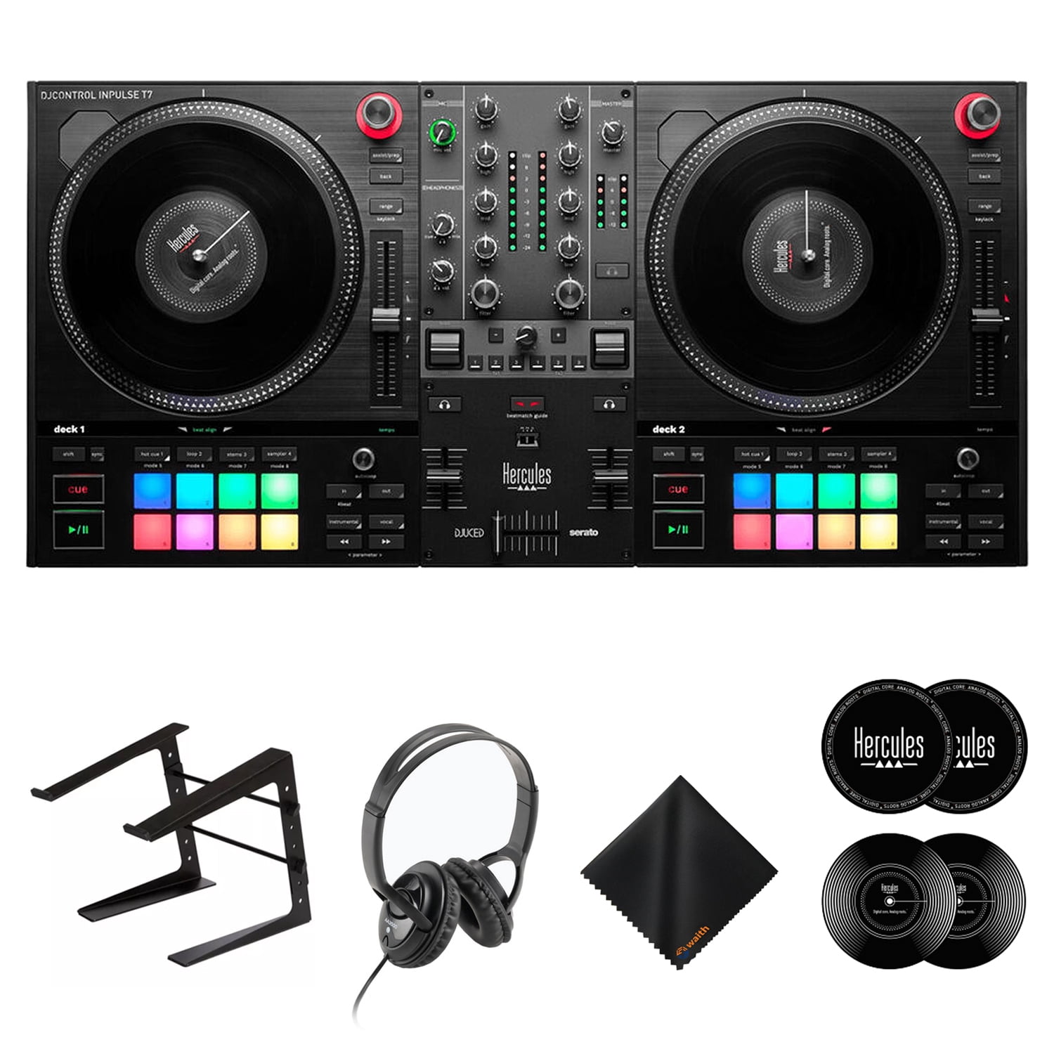 Hercules DJControl Inpulse T7 Black DJ Controller+Headphones+Laptop Stand Bundle