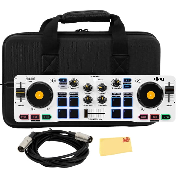 Hercules DJControl Mix Bluetooth Wireless DJ Controller for Smartphones - White Bundle with Case, MIDI Cable, and Austin Bazaar Polishing Cloth