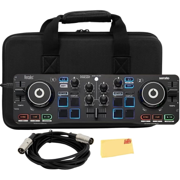 Hercules DJControl Starlight Ultra Portable Compact DJ Controller Bundle with Case, MIDI Cable, and Austin Bazaar Polishing Cloth