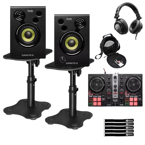 Hercules DJLearning Kit MK2 with DJ Controller, Monitor & Headphones with Desktop Stands Package
