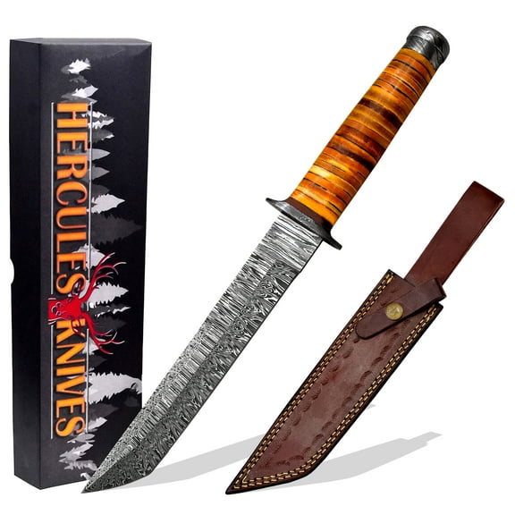 Hercules Knives Custom Hand Forged Damascus Steel Fixed Blade Tanto Hunting Knife Camping Survival Bushcrafting