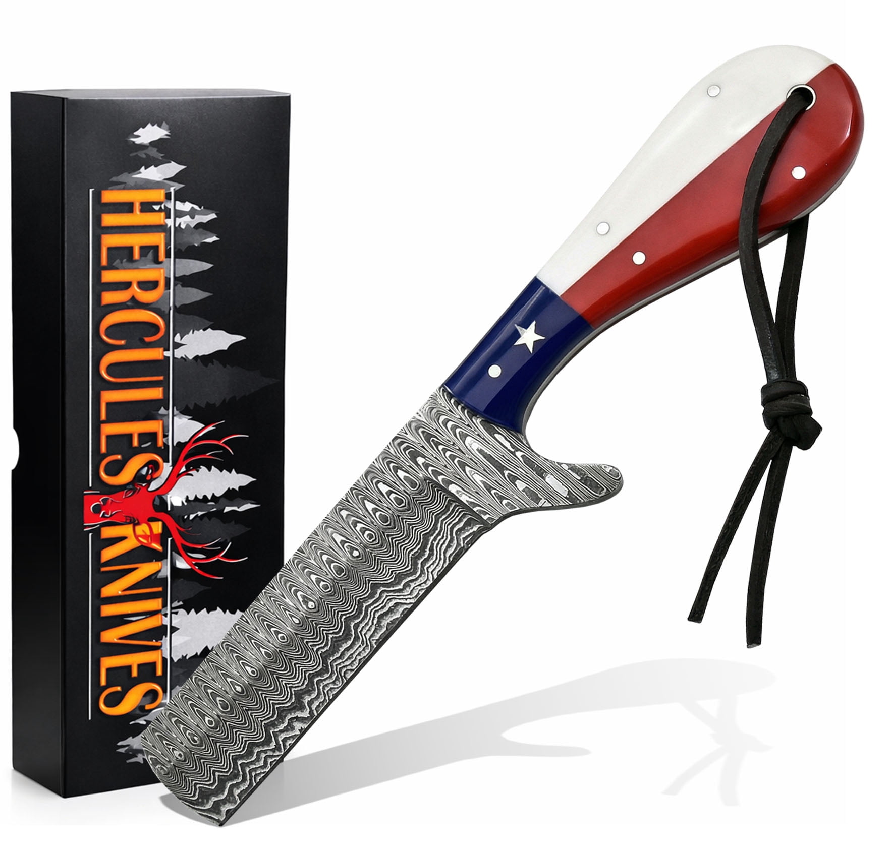 Hercules Knives Damascus Steel Bull Cutter Knife, Hunting, Camping, Bushcraft Knife with Leather Sheath ,Texas Flag Resin Handle