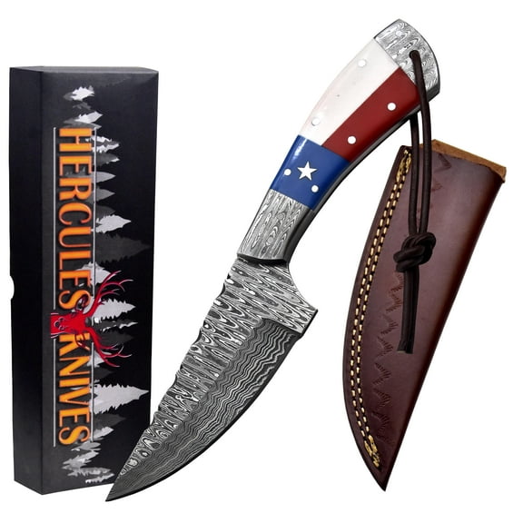Hercules Knives Damascus Steel Camping Hunting Knife with Leather Sheath Texas Flag Resin Handle