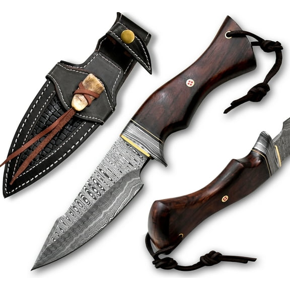 Hercules Knives Hand Forged Damascus Hunting Knife with Sheath Camping, Bushcraft, Hiking Roar Predator Hunter Walnut Handle