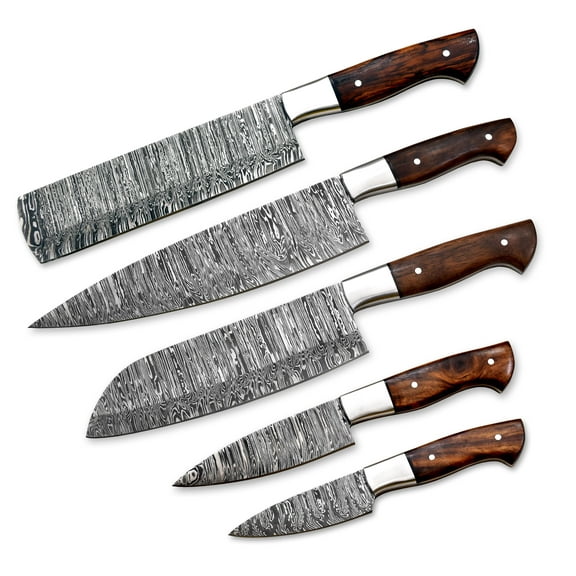 Hercules Knives damascus steel 5 Pieces chef knives set Handmade collectibles kitchen knives set walnut handle with special leather carry case