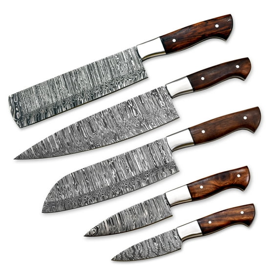 Hercules Knives damascus steel 5 Pieces chef knives set Handmade collectibles kitchen knives set walnut handle with special leather carry case