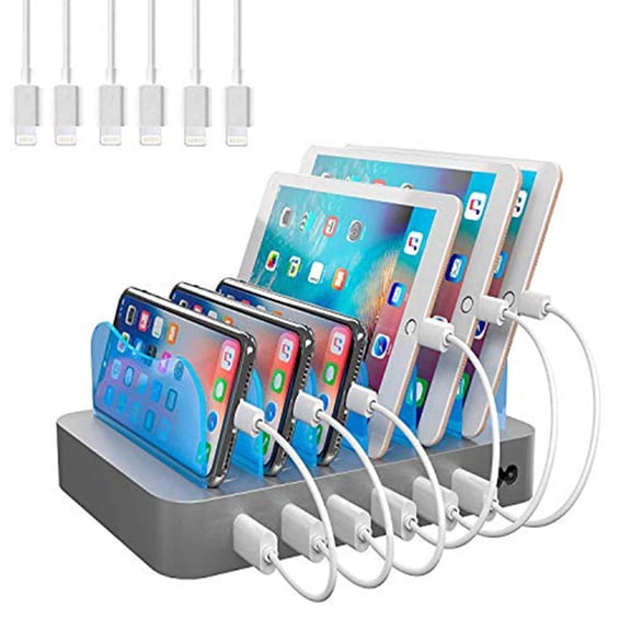 Hercules Tuff Charging Station for Multiple Devices, with 6 USB Fast Ports and 6 Short Mixed USB Cables Included for Cell Phones, Smart Phones, Tablets, and Other Electronics, Silver
