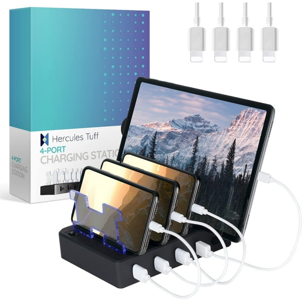 Hercules Tuff Charging Station for Multiple Devices, with 4 USB Ports and 4 Short USB Cables Included, Black