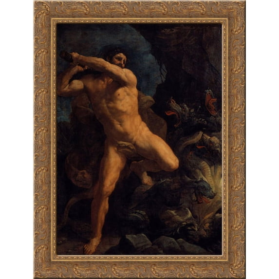 Hercules Vanquishing the Hydra of Lerma 20x24 Gold Ornate Wood Framed Canvas Art by Reni, Guido