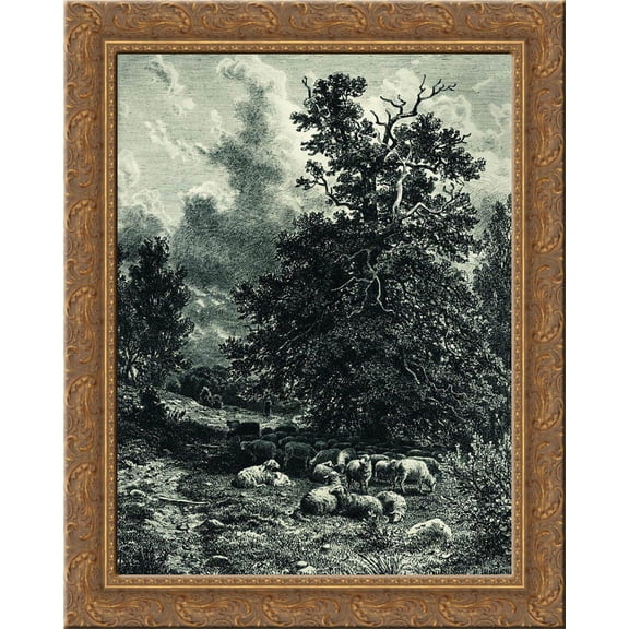 Herd of sheep on the forest edge 24x20 Gold Ornate Wood Framed Canvas Art by Ivan Shishkin