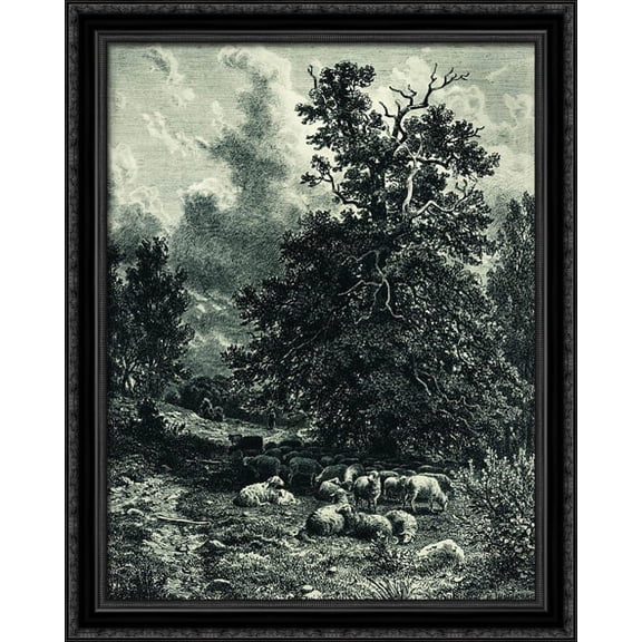 Herd of sheep on the forest edge 28x34 Large Black Ornate Wood Framed Canvas Art by Ivan Shishkin