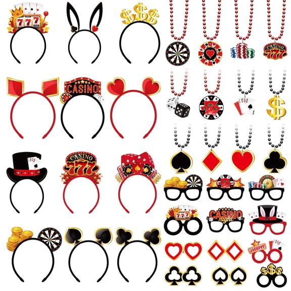 Herdear 36 Pcs Casino Night Party Favors Casino Felt Headband Eyeglasses Beaded Necklaces Dice Dollar Sign Poker Party Decorations Accessories for Las Vegas Game Night Decor Photo Prop Supplies A101