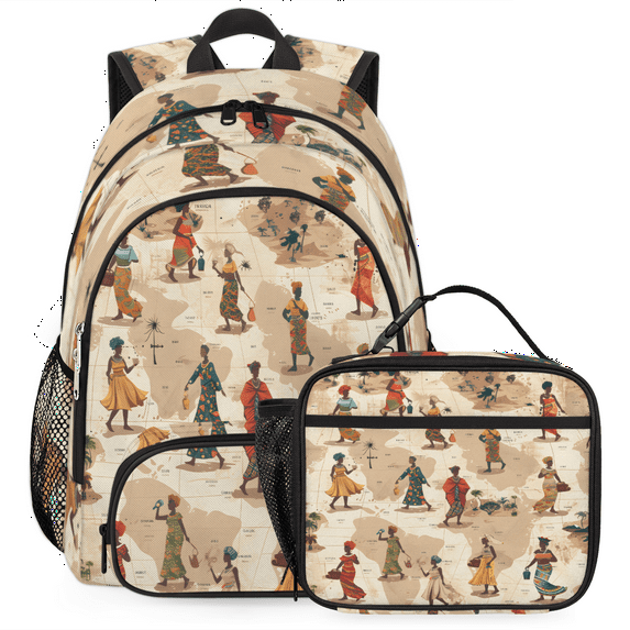 Herdesigns African American Backpack with Lunch Box Black Woman Lightweight Large Travel Work Laptop Backpacks Set Casual Daypacks