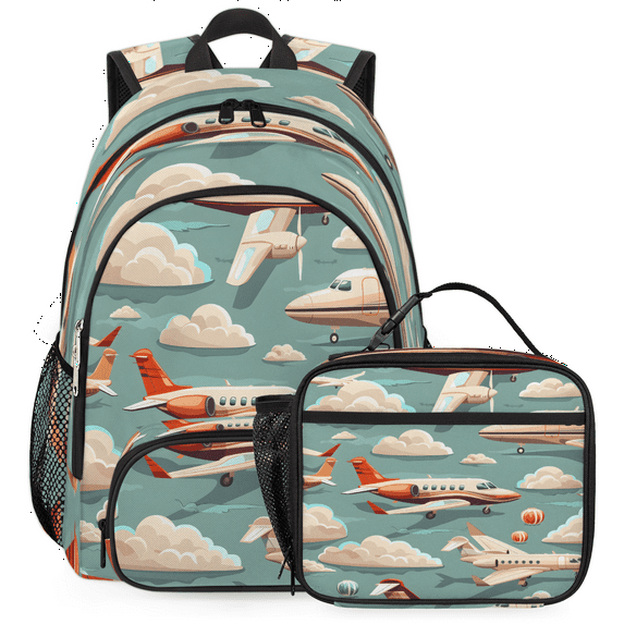 Herdesigns Aircraft Backpack with Lunch Box Airplane Lightweight Large Travel Work Laptop Backpacks Set Casual Daypacks