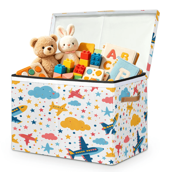 Herdesigns Aircraft Large Toy Box Chest Storage with Lid & Dividers, Cloud Star Collapsible Toy Container Bin for Boys Girls, Nursery Room Playroom, 25 x 13 x 16 Inch