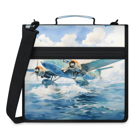 Herdesigns Aircraft Pattern Zipper Binder with Shoulder Strap, Waterproof 1.5 Inch 3 D-Ring Binder Organizer Bag, Fits 13 Inch Laptop for Work,