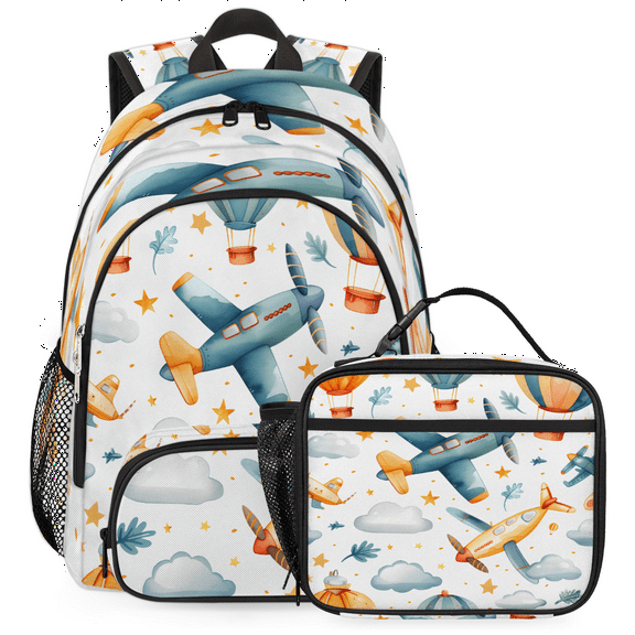 Herdesigns Airplane Backpack with Lunch Box Aircraft Lightweight Large Travel Work Laptop Backpacks Set Casual Daypacks