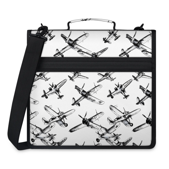 Herdesigns Airplane Pattern Zipper Binder with Shoulder Strap, Waterproof 1.5 Inch 3 D-Ring Binder Organizer Bag, Fits 13 Inch Laptop for Work,