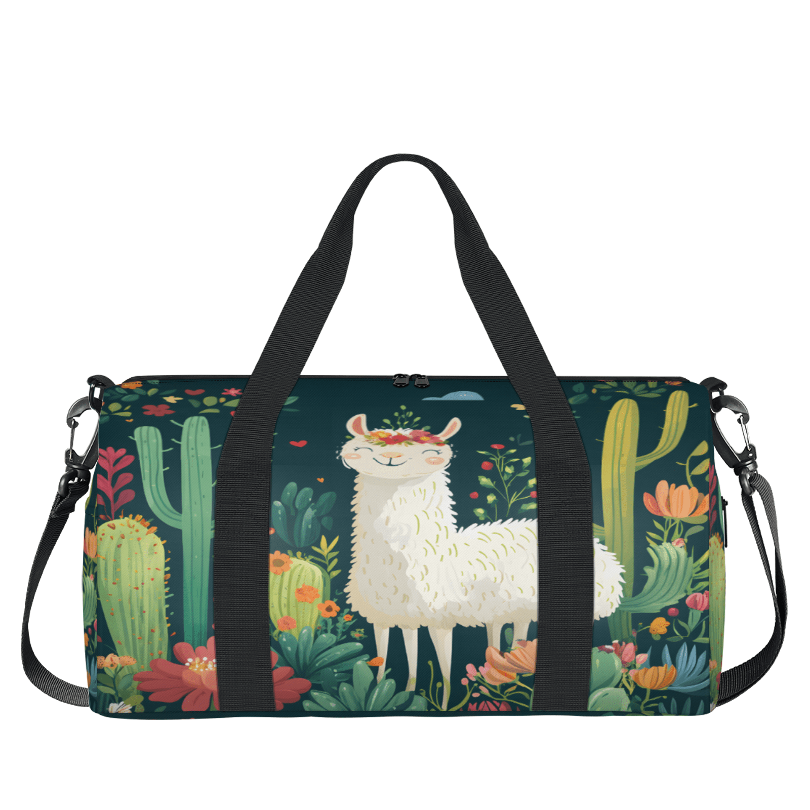 Herdesigns Alpaca Travel Duffle Bag Sports Yoga Weekender Overnight Carry on Workout Bags Lightweight Waterproof Gym Tote Bag for Women Cactus