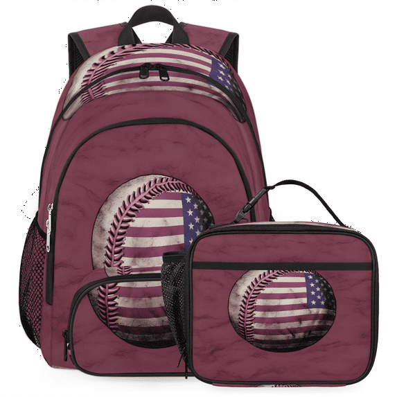 Herdesigns American Baseball Backpack with Lunch Box Baseball Lightweight Large Travel Work Laptop Backpacks Set Casual Daypacks