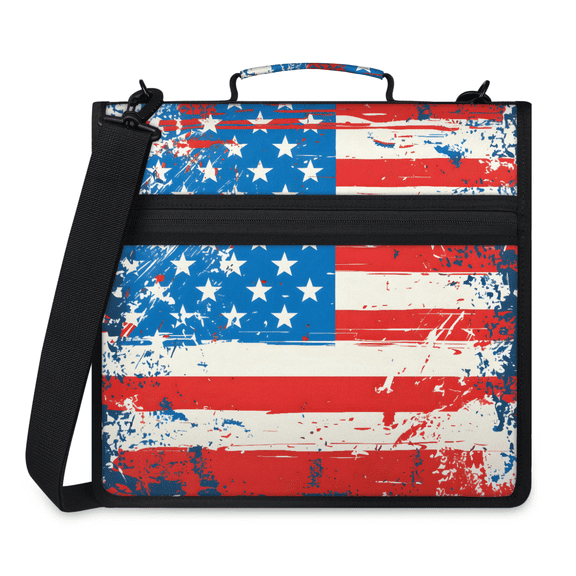 Herdesigns American Flag 4 Of July Zipper Binder with Shoulder Strap, Waterproof 1.5 Inch 3 D-Ring Binder Organizer Bag, Fits 13 Inch Laptop for Work,
