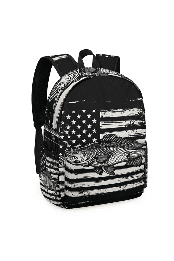 American Flag Backpack for Men Women Large Capacity Bass Fish Laptop Backpack Casual Daypack for Work Travel