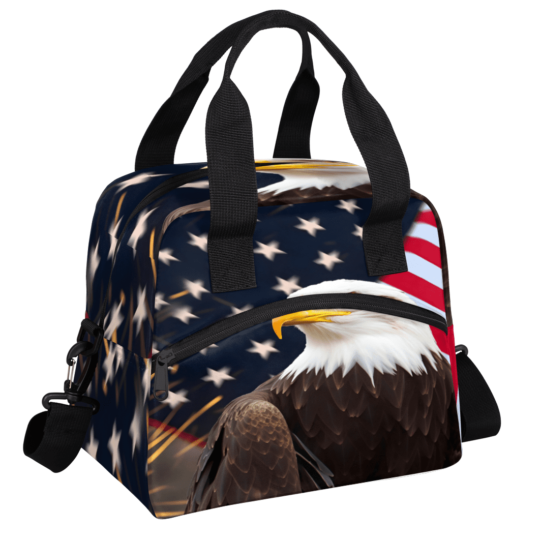 Herdesigns American Flag Eagles Insulated Lunch Bag for Women Men Adults Large Reusable Lunch Box 4th of July Leakproof Cooler Tote Bags with Adjustable Shoulder Strap