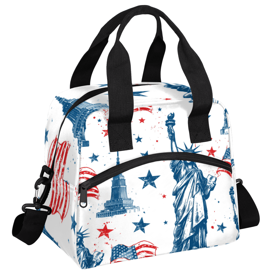 Herdesigns American Flag Insulated Lunch Bag for Women Men Adults Large Reusable Lunch Box Statue of Liberty Leakproof Cooler Tote Bags with Adjustable Shoulder Strap
