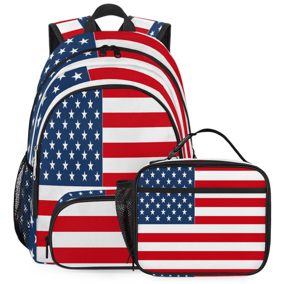 Herdesigns American Flag Large Backpack Set with Lunch Box Lightweight Water Resistant Travel Laptop Backpacks Casual Daypacks for Women Men