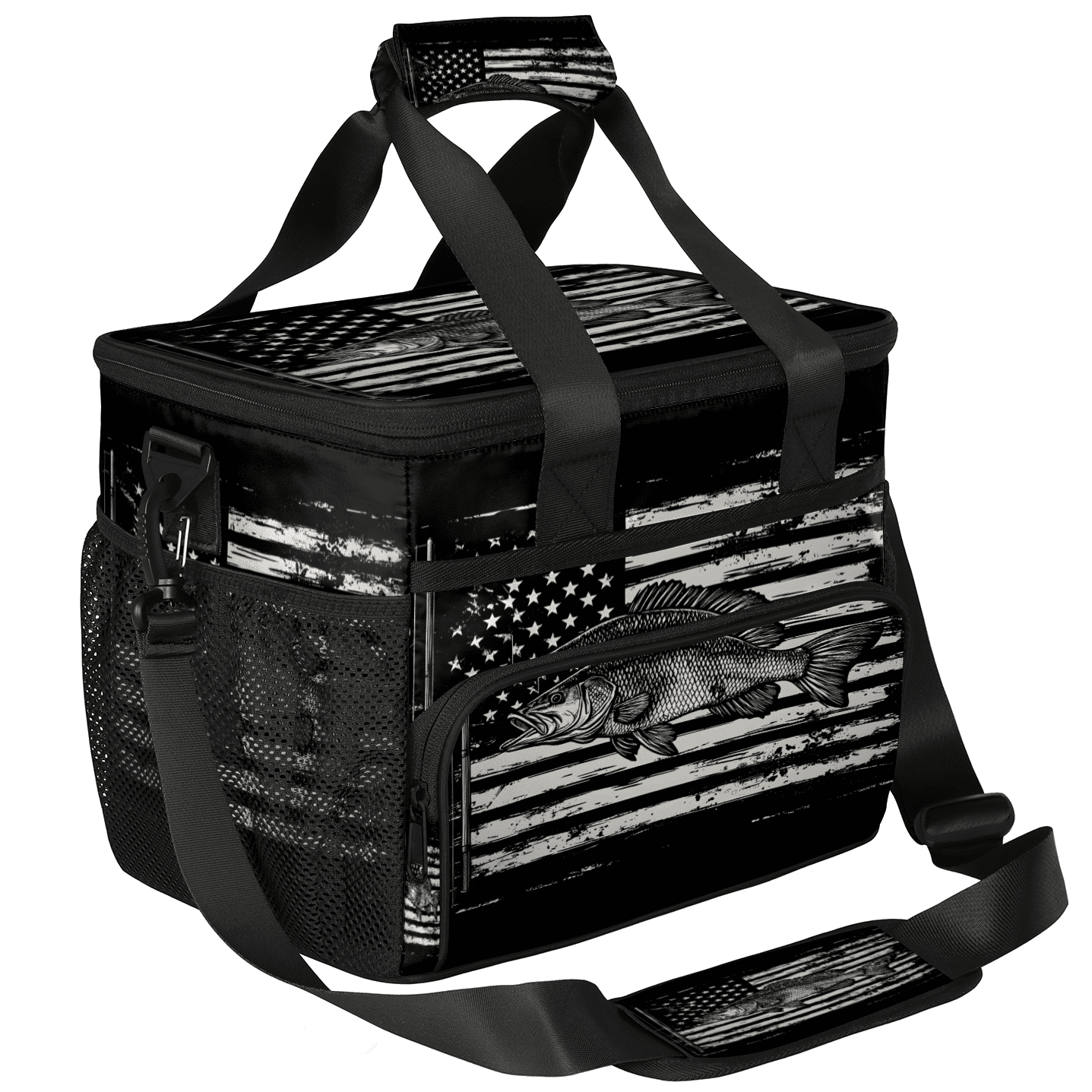 Herdesigns American Flag Large Insulated Lunch Box for Adults Women Men with Adjustable Shoulder Strap, Bass Fish Reusable Cooler Lunch Bag for Offices Picnic Hiking Beach