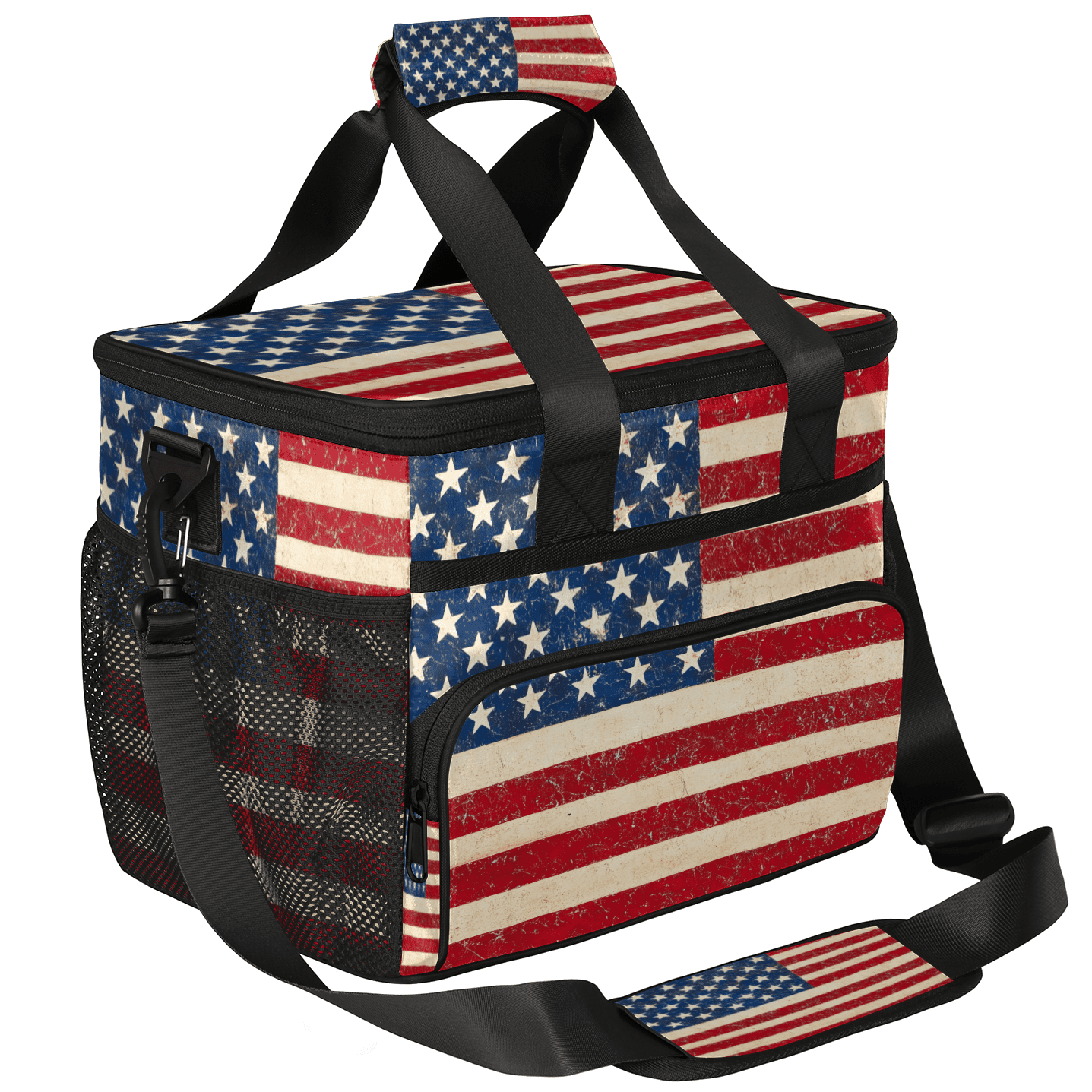 Herdesigns American Usa Flag Large Insulated Lunch Box for Adults Women Men with Adjustable Shoulder Strap, 4th July Independence Day Reusable Cooler Lunch Bag for Offices Picnic Hiking Beach