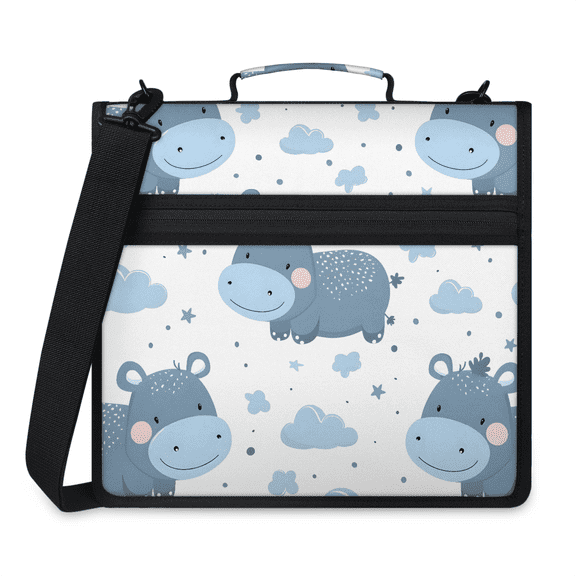 Herdesigns Animals Hippo Zipper Binder with Shoulder Strap, Waterproof 1.5 Inch 3 D-Ring Binder Organizer Bag, Fits 13 Inch Laptop for Work,