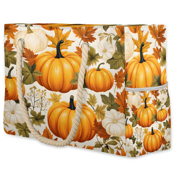 Herdesigns Autumn Pumpkin Maple Leaves Tote Beach Bag for Women Ladies Large Zipper Beach Bags Waterproof Sandproof Sports Gym Swim Pool Travel Bag