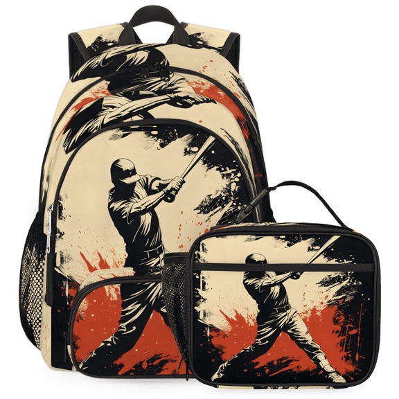 Herdesigns Baseball Player Backpack with Lunch Box Sports Theme Lightweight Large Travel Work Laptop Backpacks Set Casual Daypacks