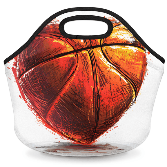 Herdesigns Basketball Heart Insulated Neoprene Lunch Bag for Women Men Lunch Box Washable Reusable Lunch Tote Lightweight Lunch Handbag for Work Outdoor Picnic