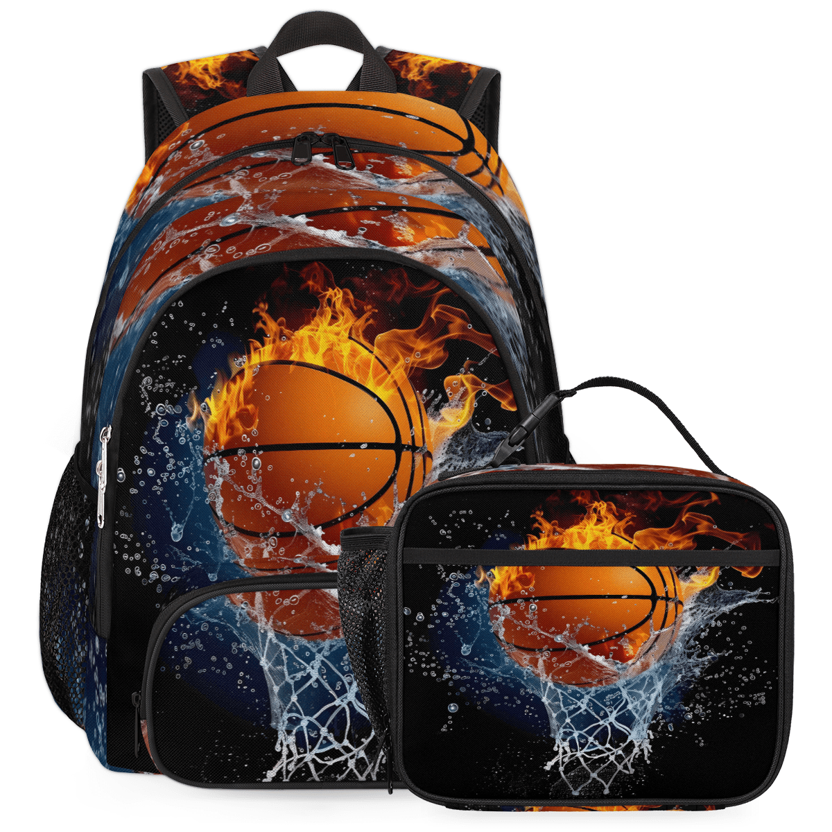 Herdesigns Basketball Large Backpack Set with Lunch Box Lightweight Water Resistant Travel Laptop Backpacks Casual Daypacks for Women Men