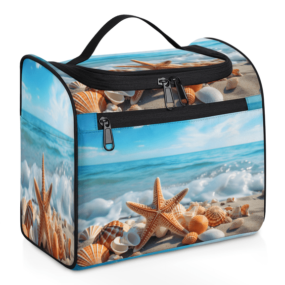 Herdesigns Beach Hanging Toiletry Bag for Women, Conch Starfish Sand Waterproof Makeup Organizer Cosmetic Travel Bag for Accessories
