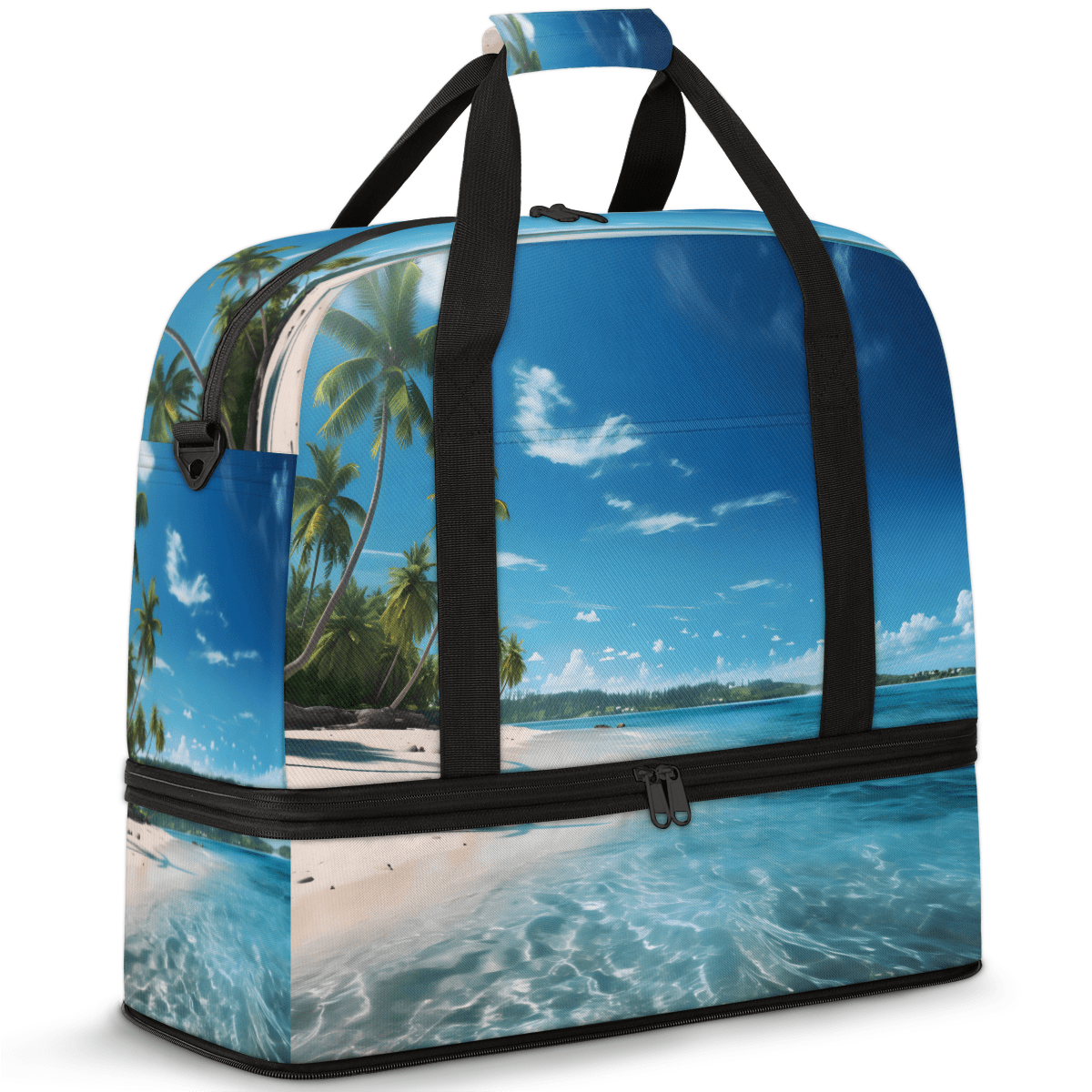Herdesigns Beach Ocean Landscape Foldable Travel Duffel Bag with Shoe Compartment, Weekend Overnight Carry On Bags for Men Women, Large Sports Gym Luggage