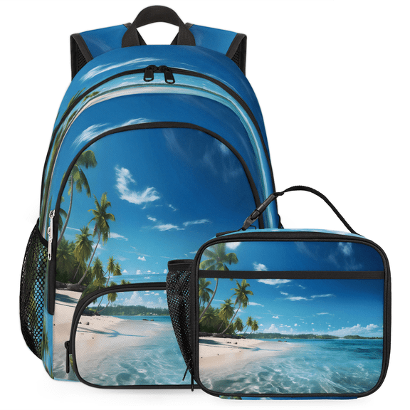 Herdesigns Beach Ocean Landscape Large Backpack Set with Lunch Box Lightweight Water Resistant Travel Laptop Backpacks Casual Daypacks for Women Men
